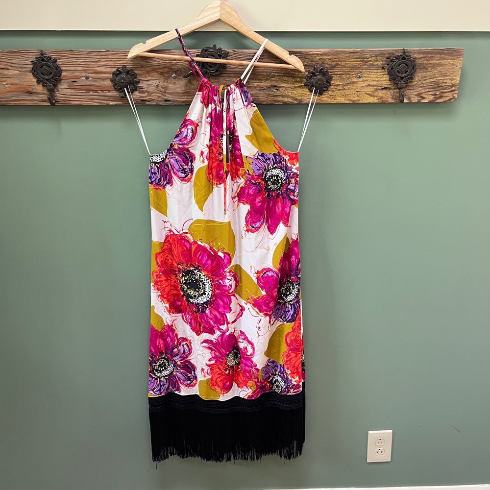 Trina Turk Floral Halter Dress Pink Orange Silk Blend Fringe Hem Pockets 166301